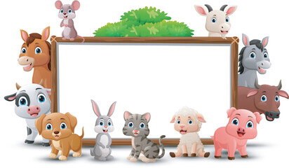 Wall Mural - Cute wild animals cartoon with blank board