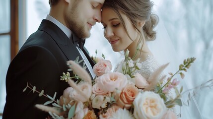 stylish wedding couple with bouquet. modern bride and groom holding fashionable bouquet at bedroom. fine art wedding photo, romantic moment, long edge 