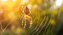 A Spider Hanging From Its Web Its Translucent Body Illuminated By The Sun As It Waits For Prey.