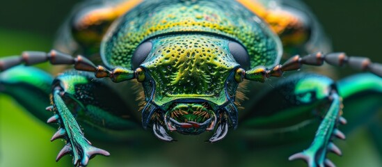 Wall Mural - Close Up of Vibrant Green Scarab Beetle - Macro View of Stunning Close Up, Green Scarab Beetle Close Up
