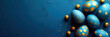 Beautiful Easter background banner with painted golden decoration on eggs on deep blue table. Top view and flat lay style