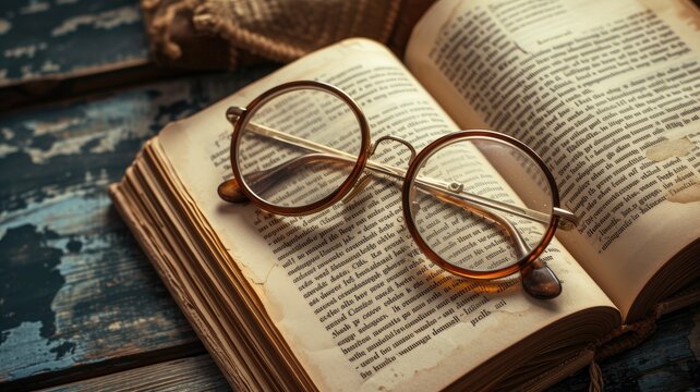 Round spectacles resting on a weathered book