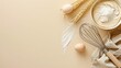 © Татьяна Макарова - Baking ingredients with a whisk on beige, ready for cooking