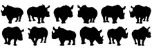 Rhino Silhouettes Set, Large Pack Of Vector Silhouette Design, Isolated White Background