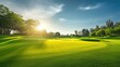 Vibrant green golf course with sunlight streaming through trees