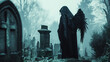A winged figure in a black cloak standing in a cemetery with a hand resting on a gravestone as if in quiet contemplation.