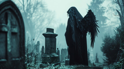 Poster - A winged figure in a black cloak standing in a cemetery with a hand resting on a gravestone as if in quiet contemplation.