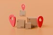 © Theeraphat - 3d minimal location pin pointer marker and box packing or delivery box icon. online delivery shipping track. online order shopping service. 3d minimal style logistic box and like symbol. 3d rendering.