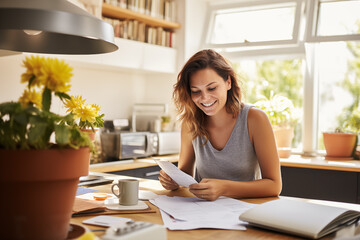 Smiling young woman calculating taxes at table in kitchen, paying household bills taxes or insurance, managing budget, calculating expenses