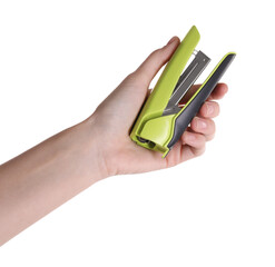 Wall Mural - Woman holding bright stapler on white background, closeup