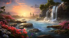 Serene Waterfall Landscape At Sunrise With Vibrant Flowers. Nature And Tranquility.