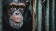 The image shows a close-up of a chimpanzee's face looking directly at the camera, with part of its hand grasping a vertical, weathered, turquoise-colored metal bar. The chimpanzee has dark hair and a 