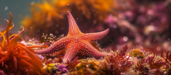 Wall Mural - Red Starfish Seeks Red Seafloor in Stunning Underwater Wildlife Encounter