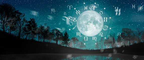 Astrological zodiac signs inside of horoscope circle. Landscape with The stars and moon over the zodiac wheel and milky way background. The power of the universe concept.