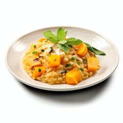 Wall Mural - a healthy pumpkin risotto lunch, studio light , isolated on white background