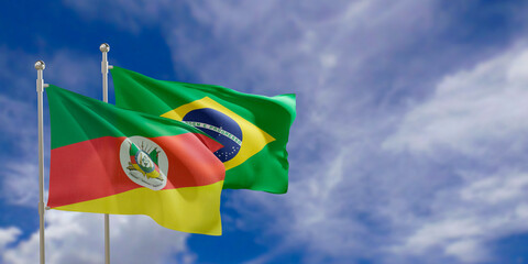 Official flags of the country Brazil and federal state of Rio Grande do Sul. Swaying in the wind under the blue sky. 3d rendering