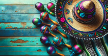 Cinco De Mayo Holiday Background With Mexican Cactus, Party Sombrero Hat And Maracas On Wooden Table