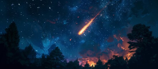 Wall Mural - breathtaking fireball and meteor shower illuminate night sky amongst majestic trees and dazzling sta