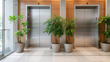 Fototapeta  - a closed office elevator door with potted plants