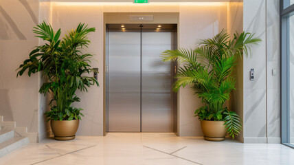 a closed office elevator door with potted plants