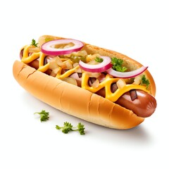Wall Mural - a delicious hot dogs with mustard and onion, studio light , isolated on white background