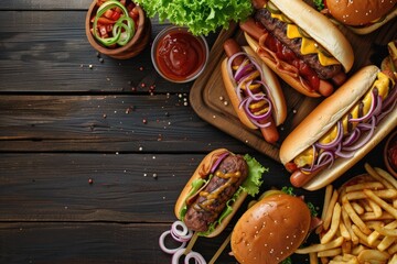 Wall Mural - Summer BBQ food table scene with a dark wood background showing a top view of hot dogs and hamburgers buffet