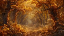 An Enchanted Forest In Autumn, Filled With Golden Leaves In Autumn. Resplendent.