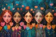 Illustration of five girls with flowers in a whimsical style.