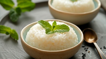 Wall Mural - A delicious rice dessert enhanced with the freshness of mint, a unique fusion of flavors and textures. Soft rice grains and mint in culinary harmony.