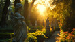 A serene garden filled with statues and monuments their shadows lengthening in the backlight.