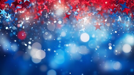 Wall Mural - Abstract red white blue glitter star sparkle lights bokeh background. 4th of July USA Independence Day. for artwork graphic design. copy text space.