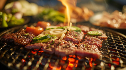 Wall Mural - Vibrant vegetables and slices of tender grilled meat adorn the communal BBQ grill creating a mouthwatering display of flavors and textures synonymous with Korean BBQ.