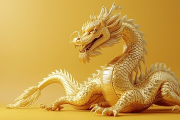 Poster - beautiful gold wooden dragon isolated on yellow background