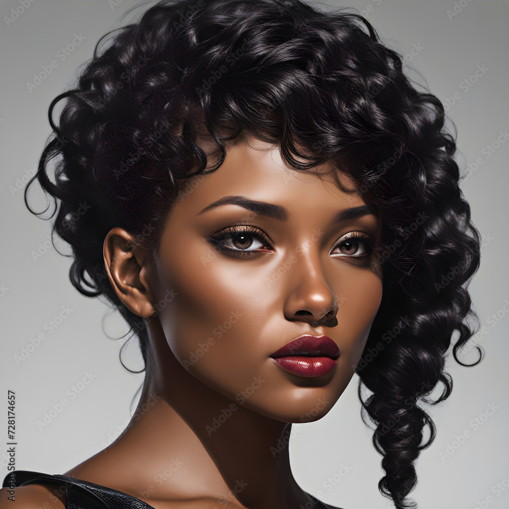 studio portrait of a gorgeous Black woman with her curly hair swept ...