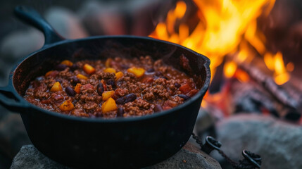 Wall Mural - Nothing beats the comforting aroma of our campfire chili bubbling away in a cast iron pot as the night sky fills with stars.