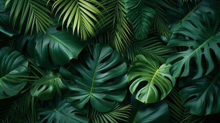  Group background of dark green tropical leaves ( monstera, palm, coconut leaf, fern, palm leaf,bananaleaf) background. concept of nature