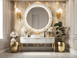 A chic and glamorous powder room design with a statement wallpaper design, a decorative vanity, and gold accents for a touch of luxury design.