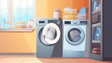 Fototapeta Sport - Laundry room interior with washing machine. Vector illustration in cartoon style