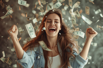 excitement of a young woman surrounded by a cascade of money as she thrives in her online selling venture.