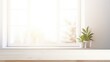 © Mr. Muzammil - Wooden table in front of window. and plant and pot 3d rendering, mock up