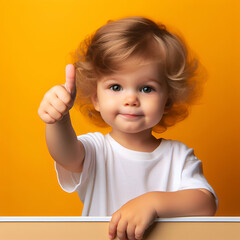 Wall Mural - a toddler giving a thumbs up on yellow background, banner concept