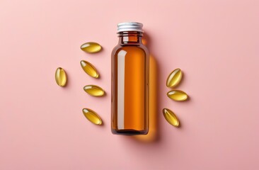 Flat lay with bottle and omega 3 capsules resting on pastel background