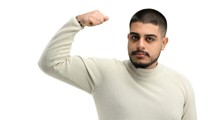 Canvas Print - Man, close-up, on a white background, shows strength