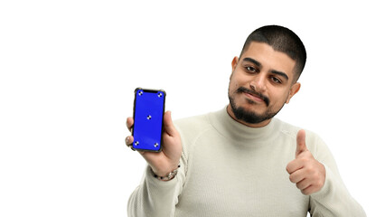 Canvas Print - A man, close-up, on a white background, shows a phone