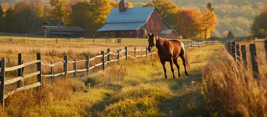 Wall Mural - horse galloping through picturesque farm, farm, farm