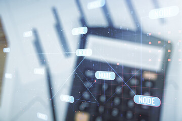 Wall Mural - double exposure of abstract programming language interface on blurry calculator background, research