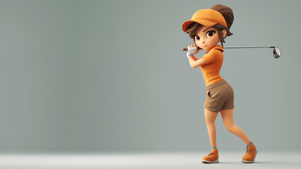 Wall Mural - A woman cartoon golf player in orange jersey with a stick