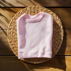 Wall Mural - A soft pink sweatshirt on a round woven rattan placemat. Sweatshirt mockup photo with the natural and soft lighting.