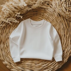 Wall Mural - A soft white sweatshirt on a round woven rattan placemat. Sweatshirt mockup photo with the natural and soft lighting.