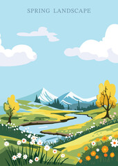 Wall Mural - spring landscape background with mountain and tree editable vector illustration for postcard,a4 vert